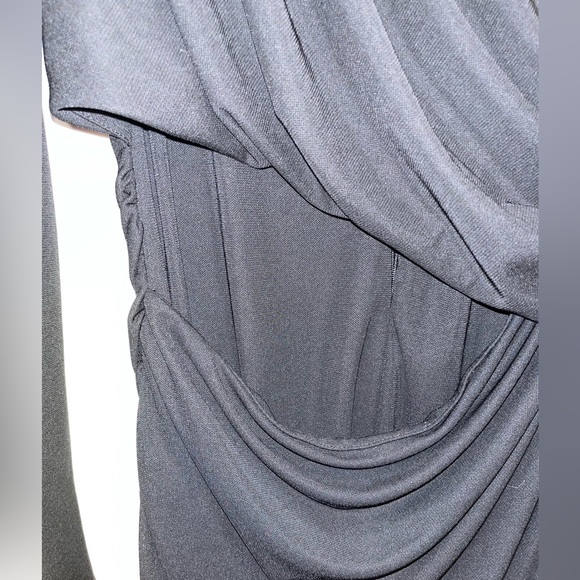 Zara Black Draped Mini Dress with Cut Out and Shoulder Pads XL Body Con Rouged - Picture 10 of 11